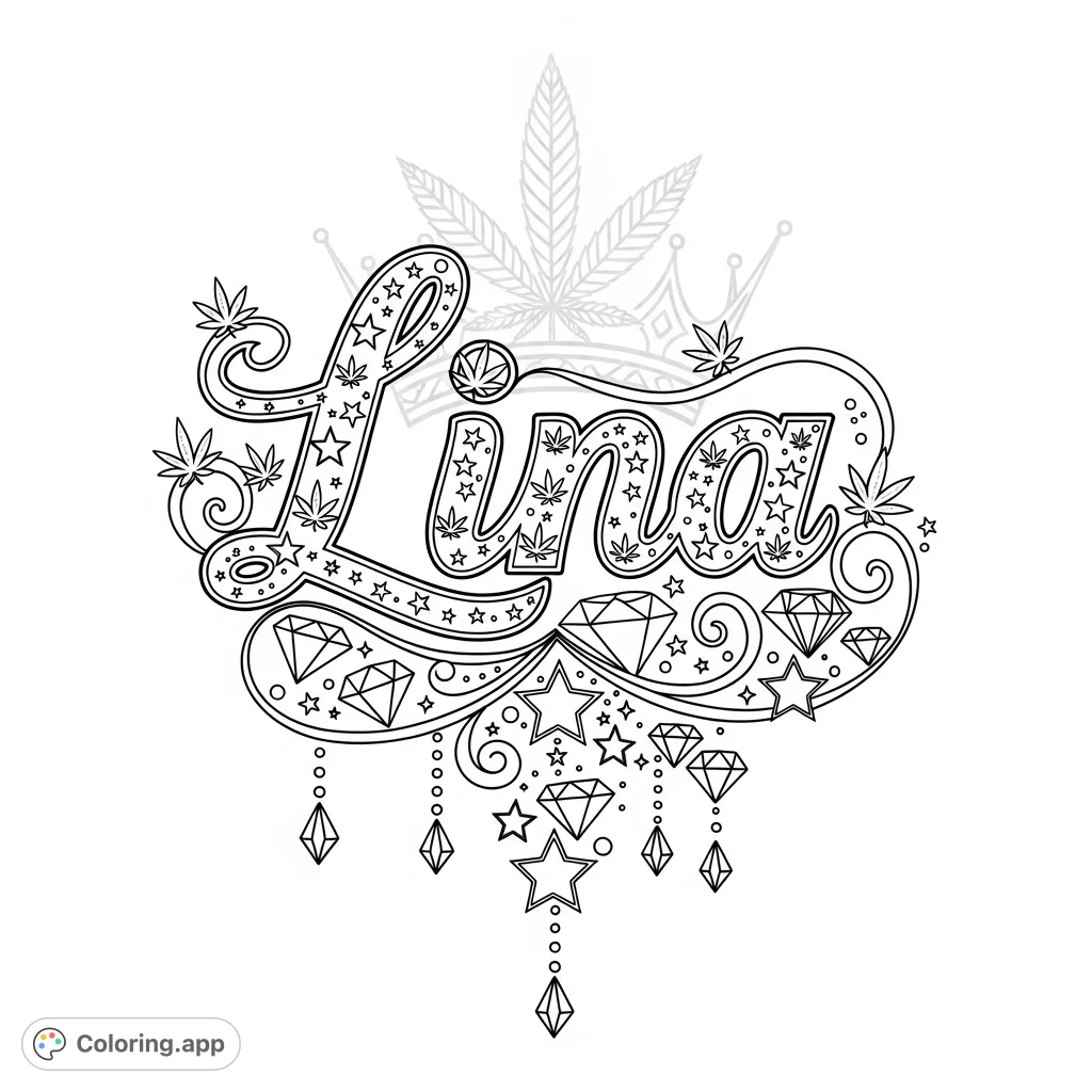 An intricate Lina coloring page featuring elaborate script, stars, diamonds, and stylized marijuana leaves, set against a subtle crown design. Perfect for detailed coloring.