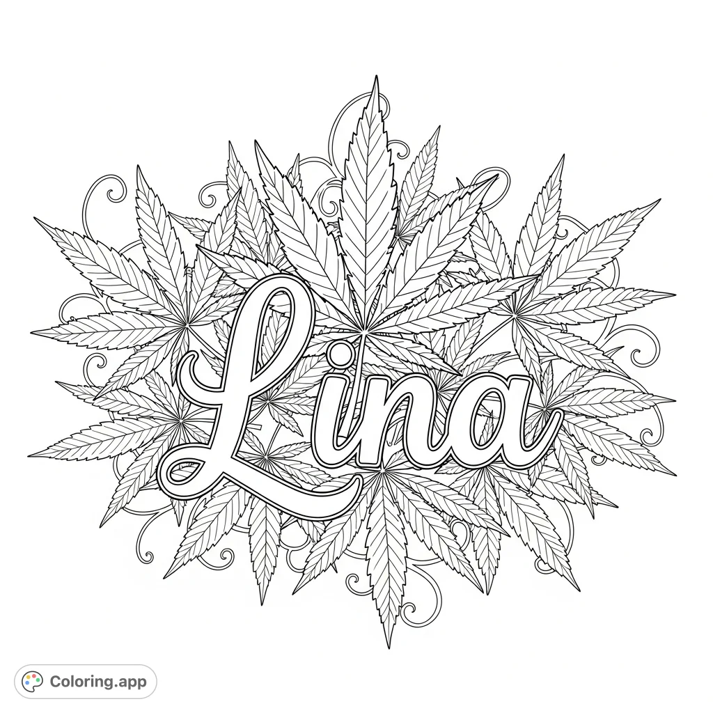Discover a sophisticated "Lina" coloring page. Intricate cannabis leaves frame the name, detailed with lobes and veins, perfect for personalized botanical art.