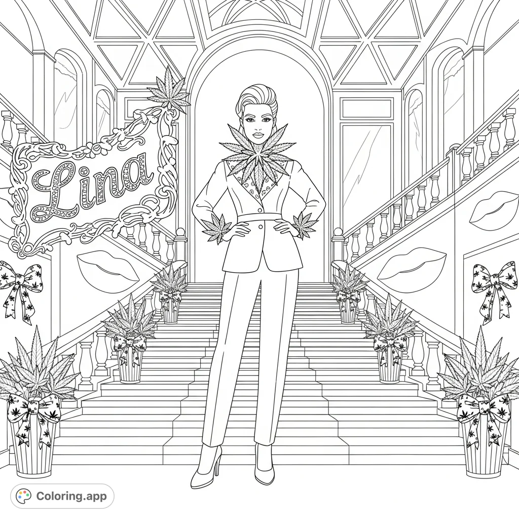 A sophisticated cannabis figure, Lina, poses on a grand staircase with cannabis-themed details, elegant plants, and ornate patterns for a luxurious scene.