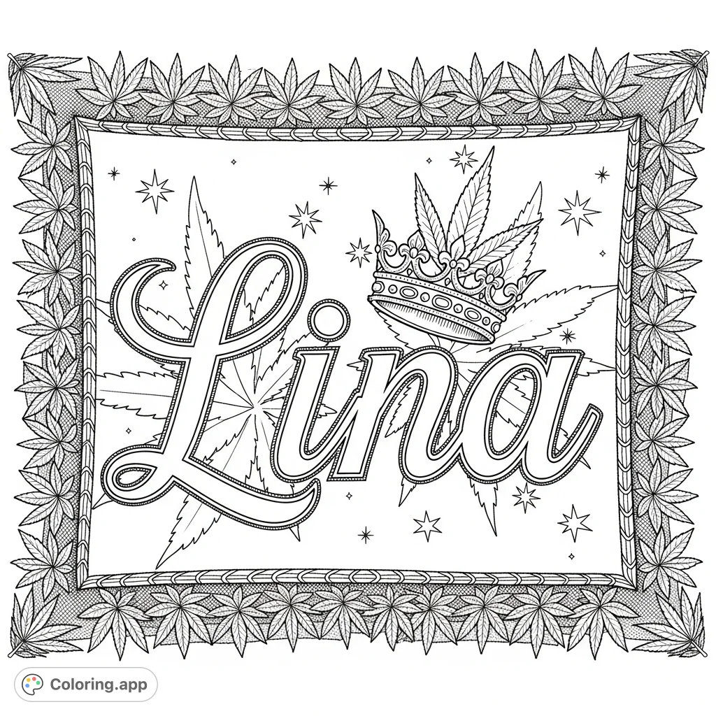 An intricate tapestry featuring the name Lina, a regal crown with a cannabis leaf detail, and an elaborate border of cannabis leaves. A sophisticated coloring page for adults.