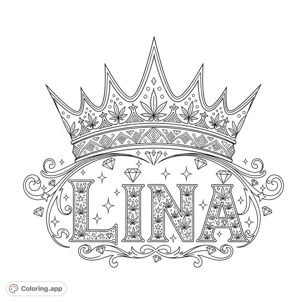 A majestic marijuana crown featuring the name 'Lina' adorned with intricate patterns, tiny stars, and diamond shapes, perfect for personalized coloring.