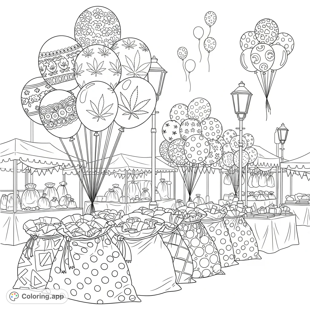 Explore a bustling outdoor market with patterned balloons and fabric bags. Featuring intricate lace, polka dots, and unique leaf designs for creative coloring.