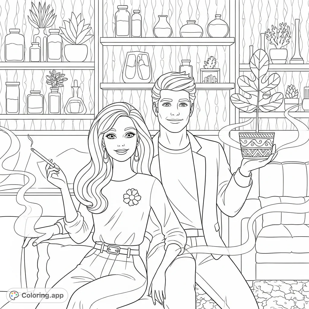 Barbie and Ken relax in a stylized lounge, Barbie with a rolled item, Ken with a leafy plant. A unique adult-themed coloring page.