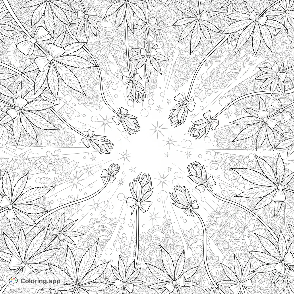 Explore a detailed cannabis botanical canopy coloring page, featuring delicate leaves with tiny bows, luminous orbs, descending tendrils, and intricate lace motifs.