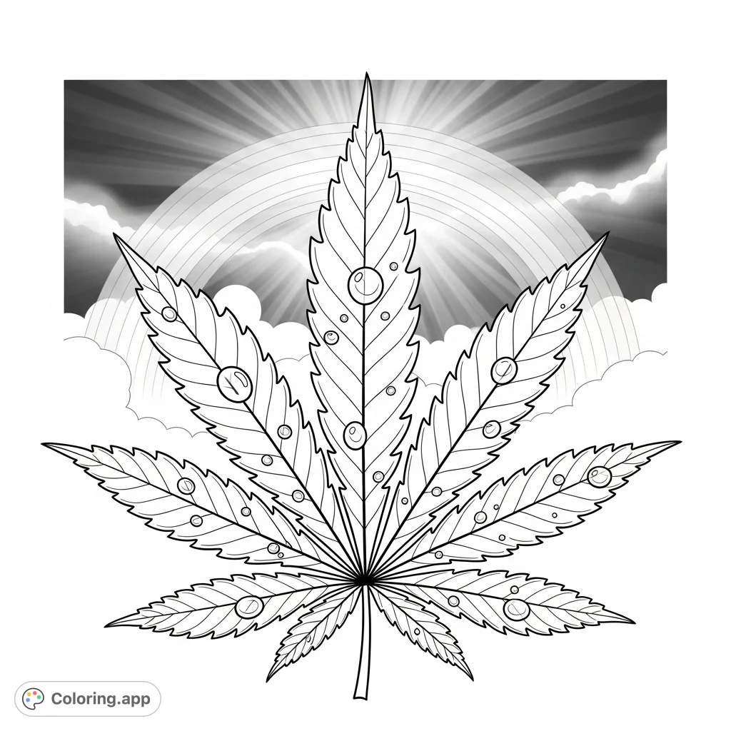 Explore a detailed cannabis leaf with intricate veins and water droplets, set against a stunning rainbow and dramatic sky. A unique adult coloring page.