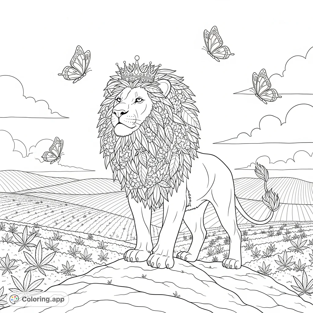 A majestic lion, crowned and adorned with a cannabis-leaf mane, surveys thriving cannabis fields. Detailed butterflies flutter nearby in this unique scene.