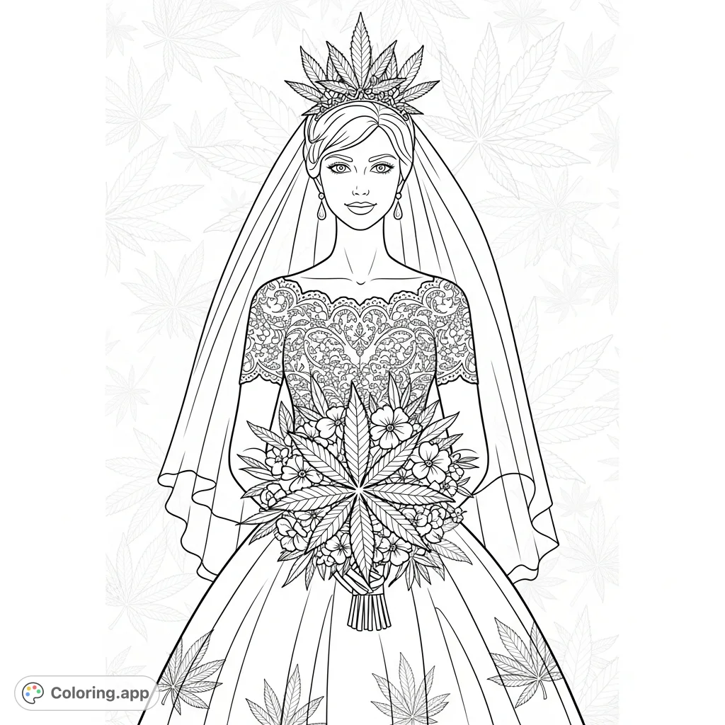 An elegant bride adorned with intricate marijuana leaf details in her gown, veil, and bouquet. A unique and bold statement piece for adult colorists.