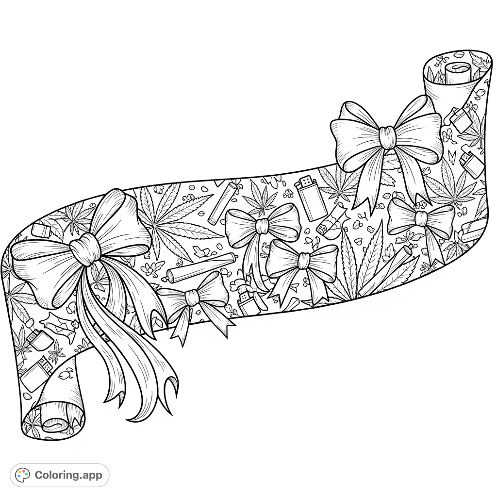 A detailed coloring page featuring a dynamically unfurling banner adorned with an intricate pattern of intertwined marijuana leaves, stylized bows, lighters, and rolling papers.