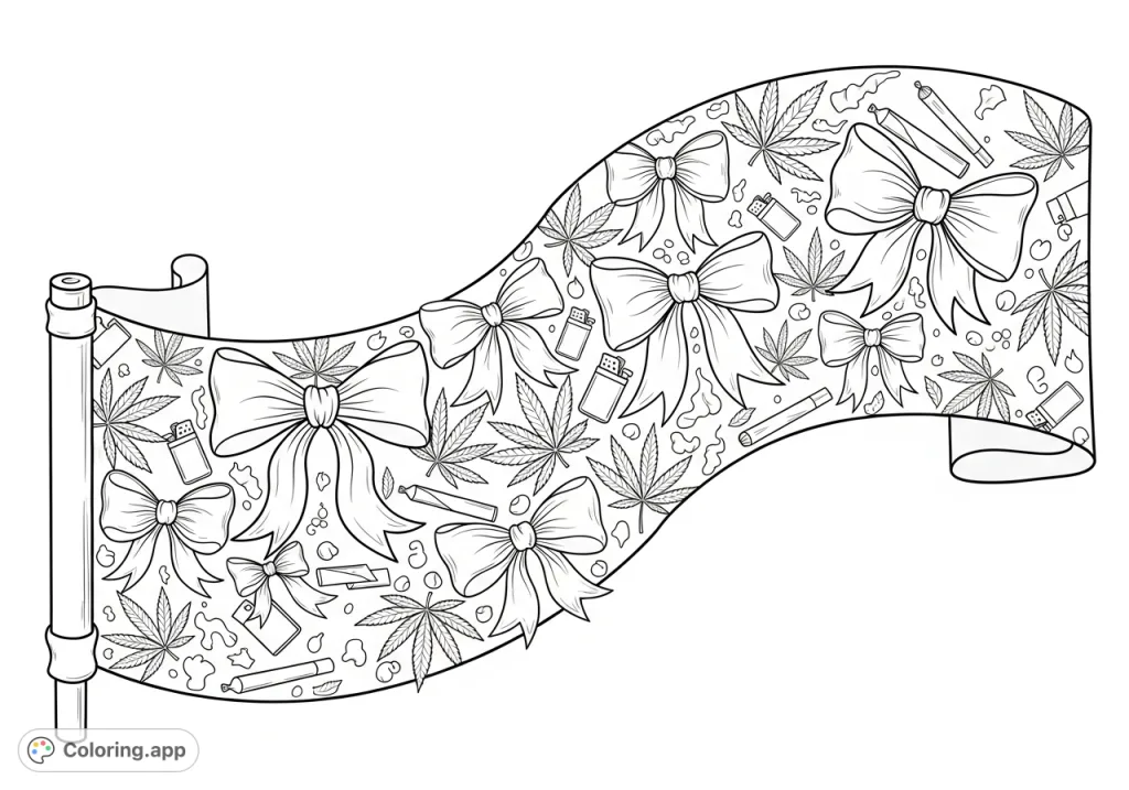 A detailed coloring page featuring a flowing banner adorned with intertwined marijuana leaves, elegant bows, and subtle icons of lighters and rolling papers.