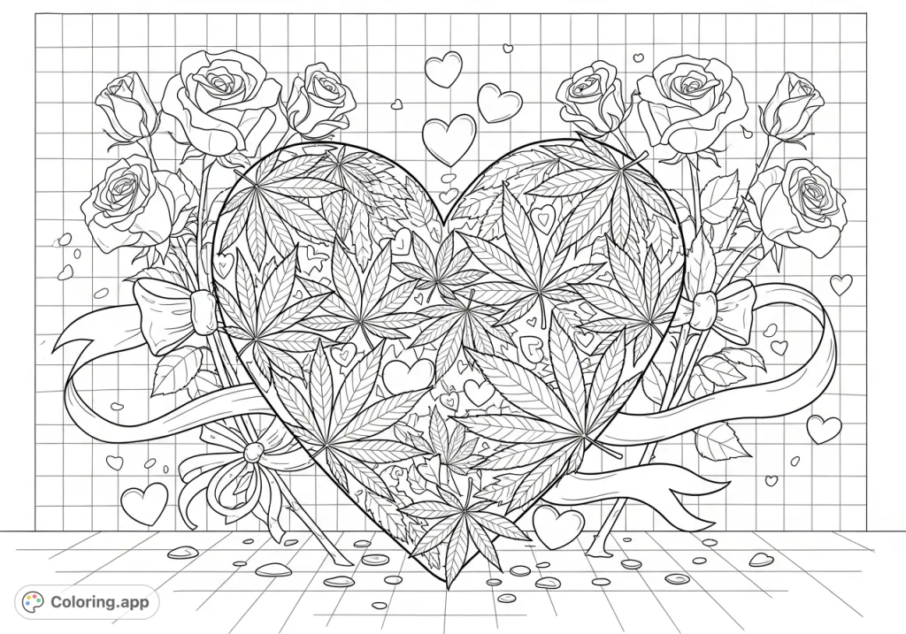 An intricate coloring page featuring a heart crafted from marijuana leaves, surrounded by elegant roses, a flowing ribbon, and scattered confetti hearts.