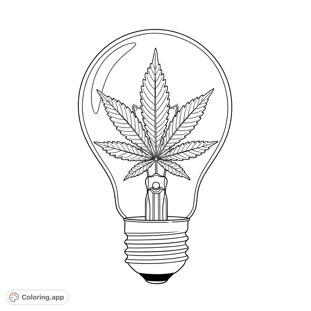A creative marijuana lightbulb coloring page featuring a cannabis leaf as the filament inside a traditional bulb. Perfect for adult colorists!
