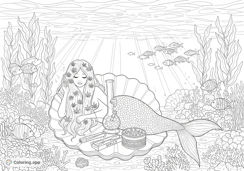 A serene marijuana mermaid relaxes on a seashell with cannabis leaves, a delicate bong, and an intricate underwater scene. Perfect for adult colorists.