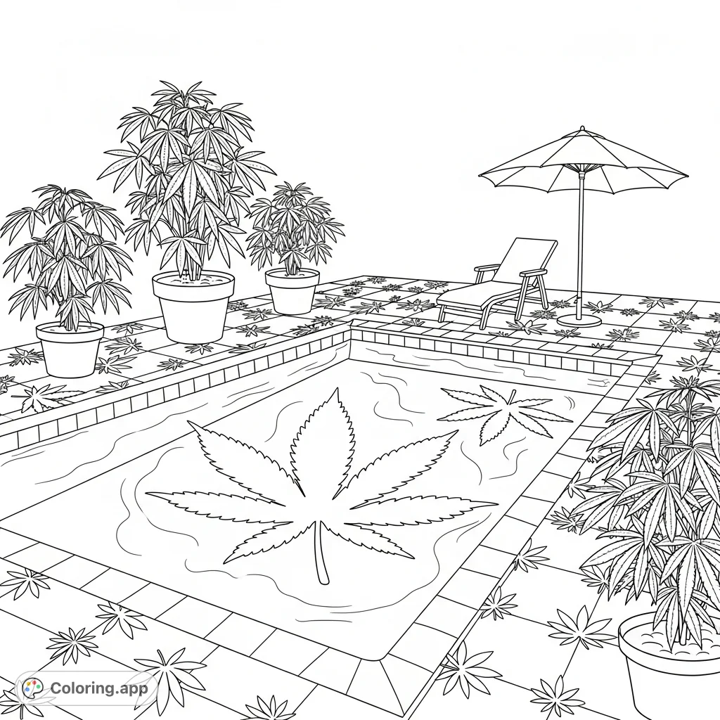 Dive into relaxation with this unique marijuana pool coloring page, featuring stylized cannabis leaves within and around a serene pool scene.