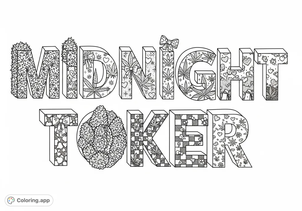 Detailed block letters spelling "MIDNIGHT TOKER," adorned with intricate cannabis leaf designs, playful motifs, and unique patterns for a unique coloring experience.