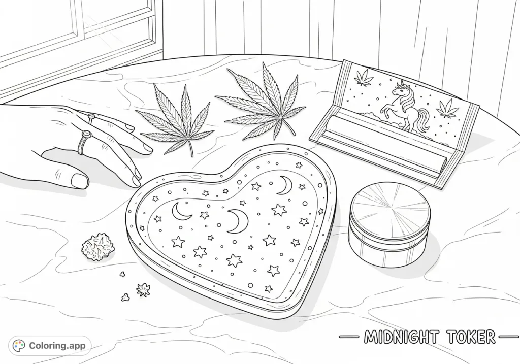 A heart-shaped rolling tray with celestial patterns, an open unicorn-adorned paper packet, grinder, and cannabis leaves on a marble table, with a hand reaching in.