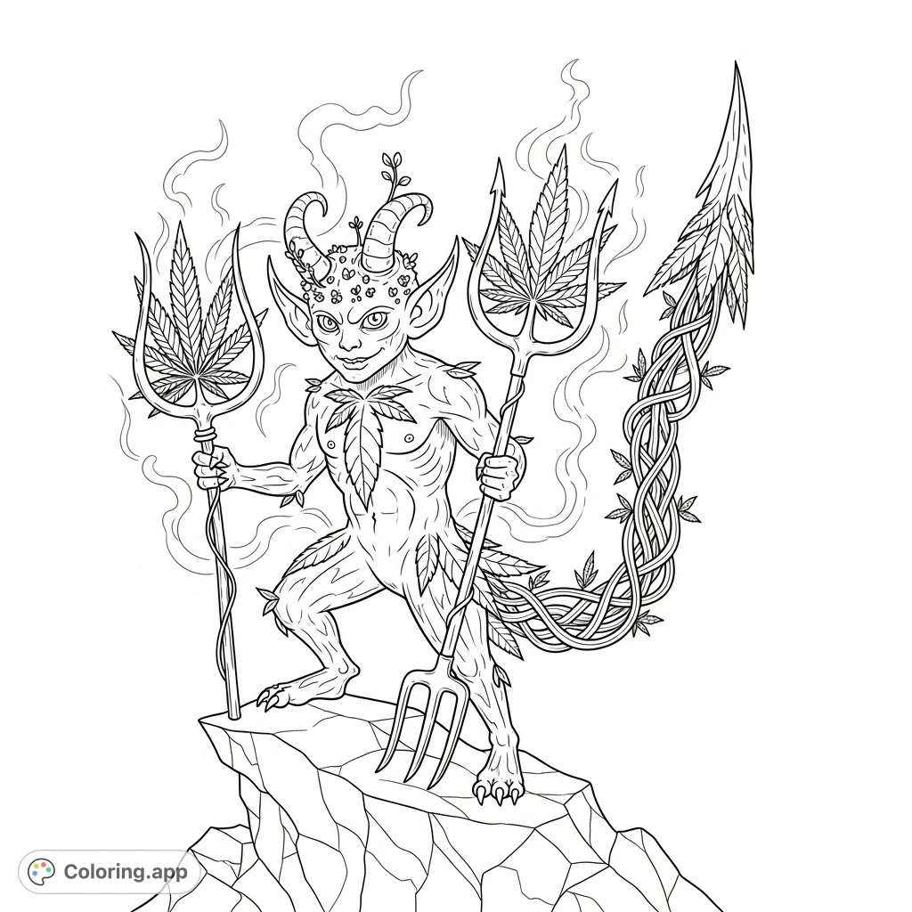 Color a mischievous horned imp with a leafy skin texture, intricate cannabis vine tail, and a cannabis leaf pitchfork atop a jagged stone, enveloped in a smoky aura.