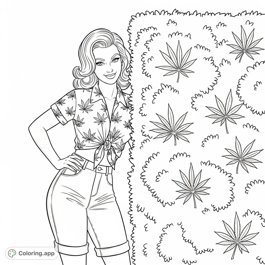 A playful woman with a mischievous smile peeks from a detailed hedge featuring subtly integrated cannabis plants, wearing a patterned shirt. A unique adult coloring page.