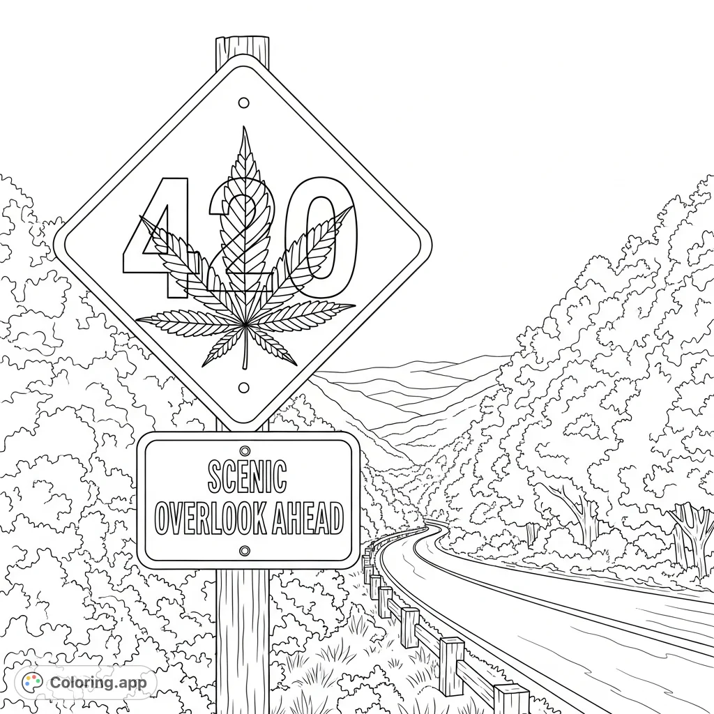 Discover a unique scenic route coloring page featuring a diamond-shaped '420' warning sign, a winding mountain road, and lush forest. Perfect for adult colorists.
