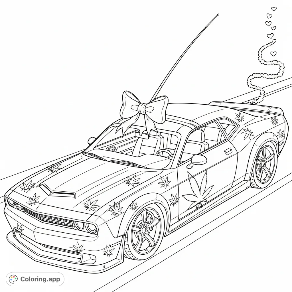Explore a powerful muscle car adorned with stylized cannabis leaf decals and heart-shaped exhaust, parked on a bright street.