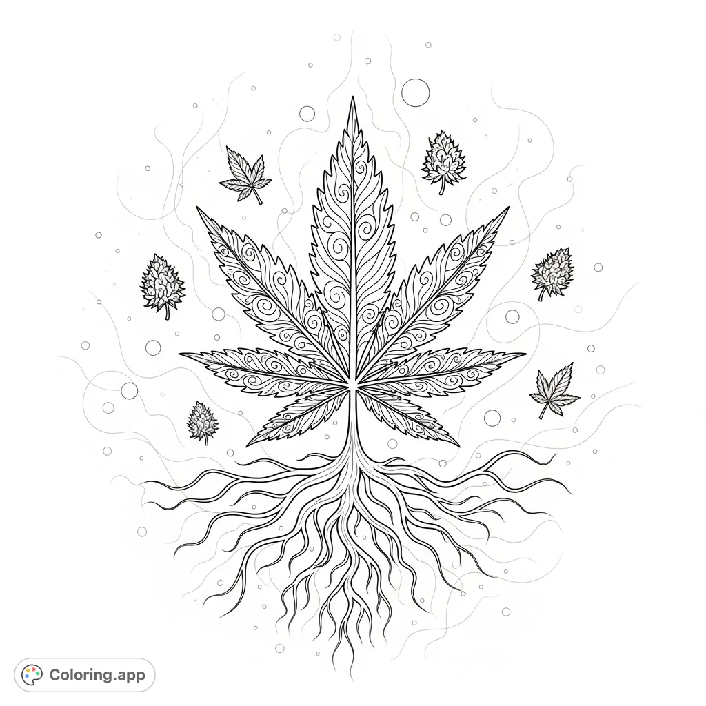 An intricate marijuana leaf with swirling patterns and ethereal roots floats in a cosmic expanse, perfect for a meditative coloring experience.