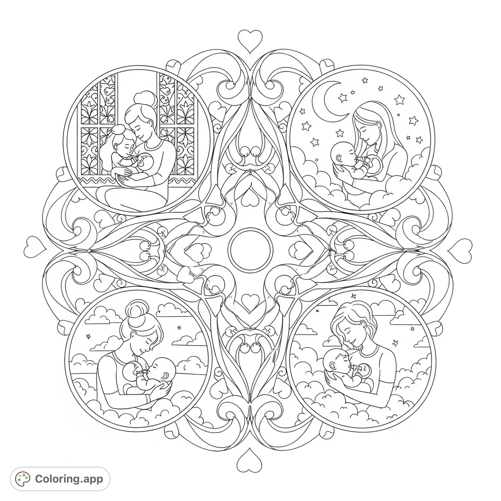 Explore a serene mandala-style coloring page featuring diverse parents lovingly feeding their babies in interconnected vignettes, adorned with hearts and ribbons.