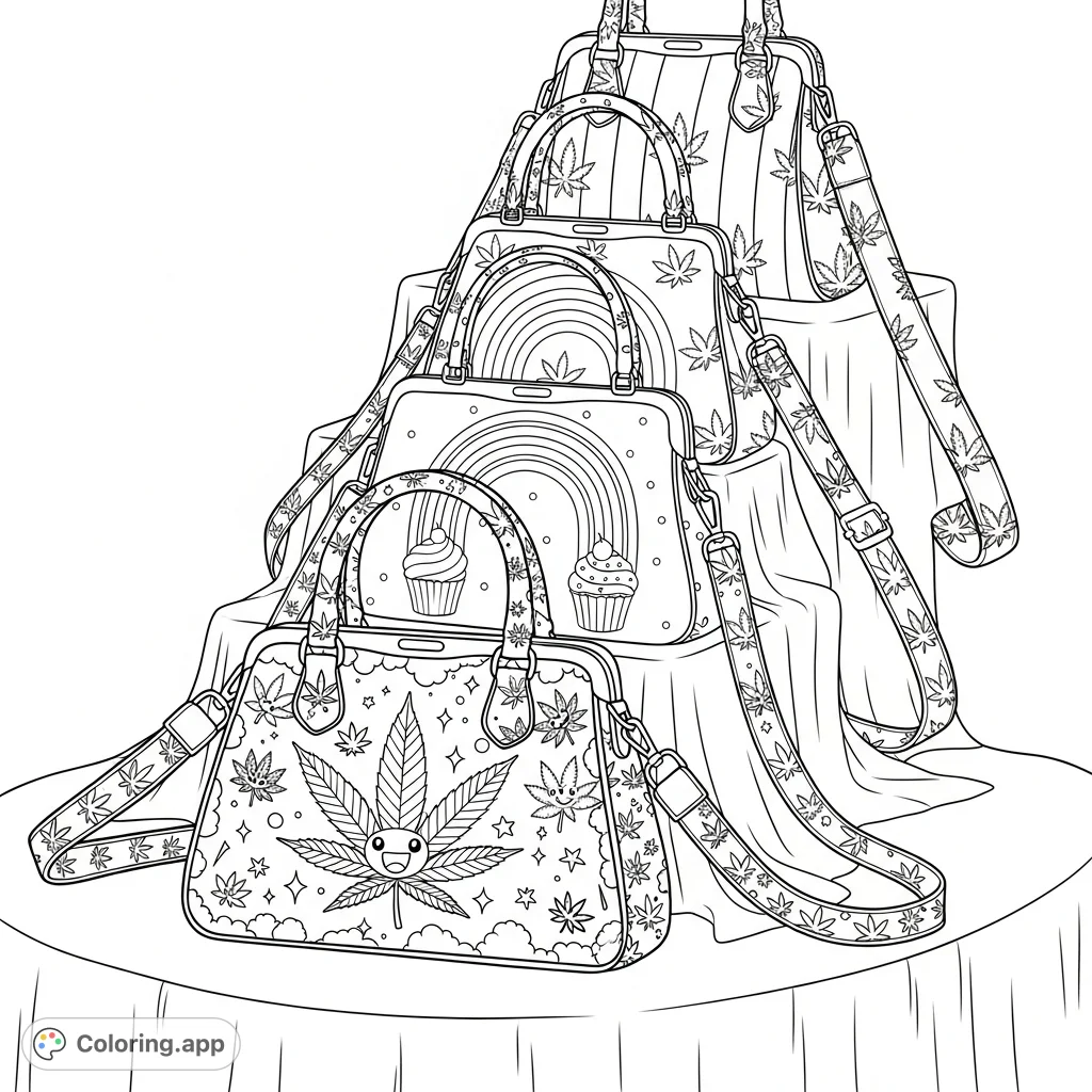 Discover an opulent display of four ladies' purses, each featuring unique cannabis leaf motifs, cartoon elements, stripes, rainbows, and cupcakes on a luxurious velvet stand.