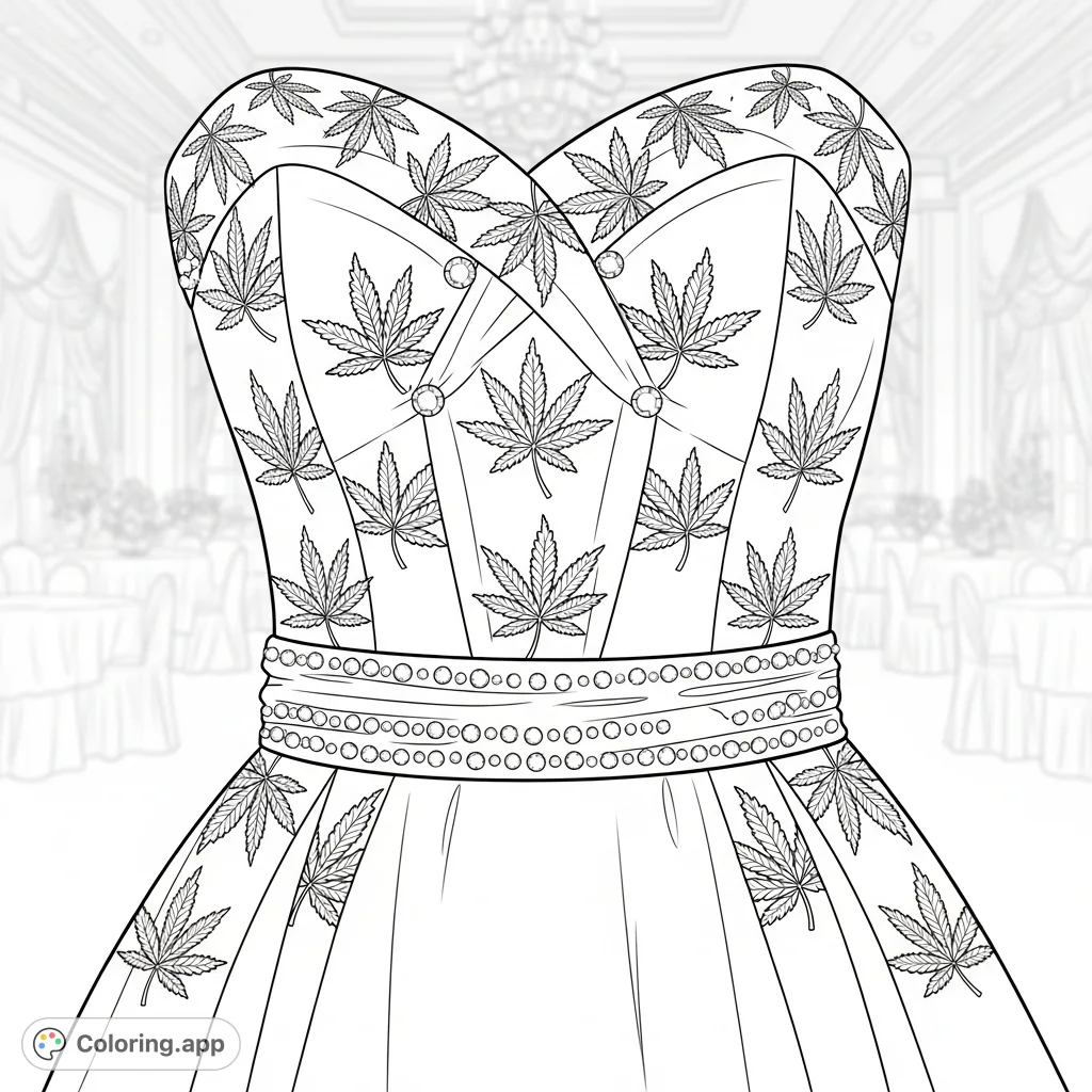 Explore the intricate details of a luxurious formal dress adorned with elegant cannabis leaf embroidery and shimmering crystals, set against an opulent ballroom background.