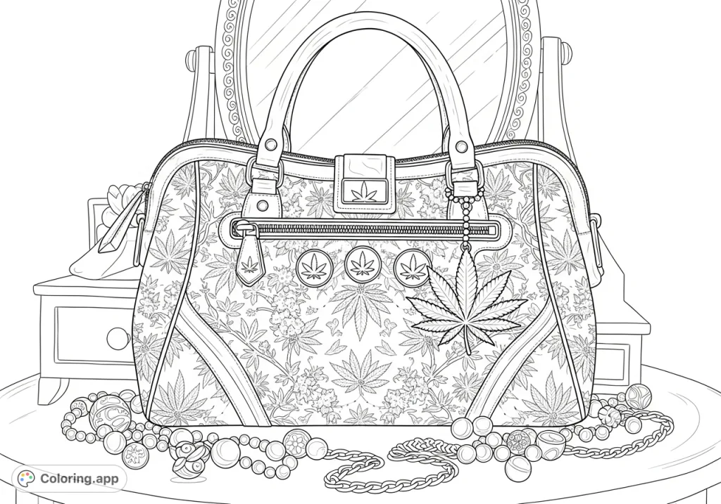 A grand, uniquely contoured purse with finely embossed cannabis leaves and flowers, an attached marijuana leaf charm, and scattered ornate beads on a vanity.