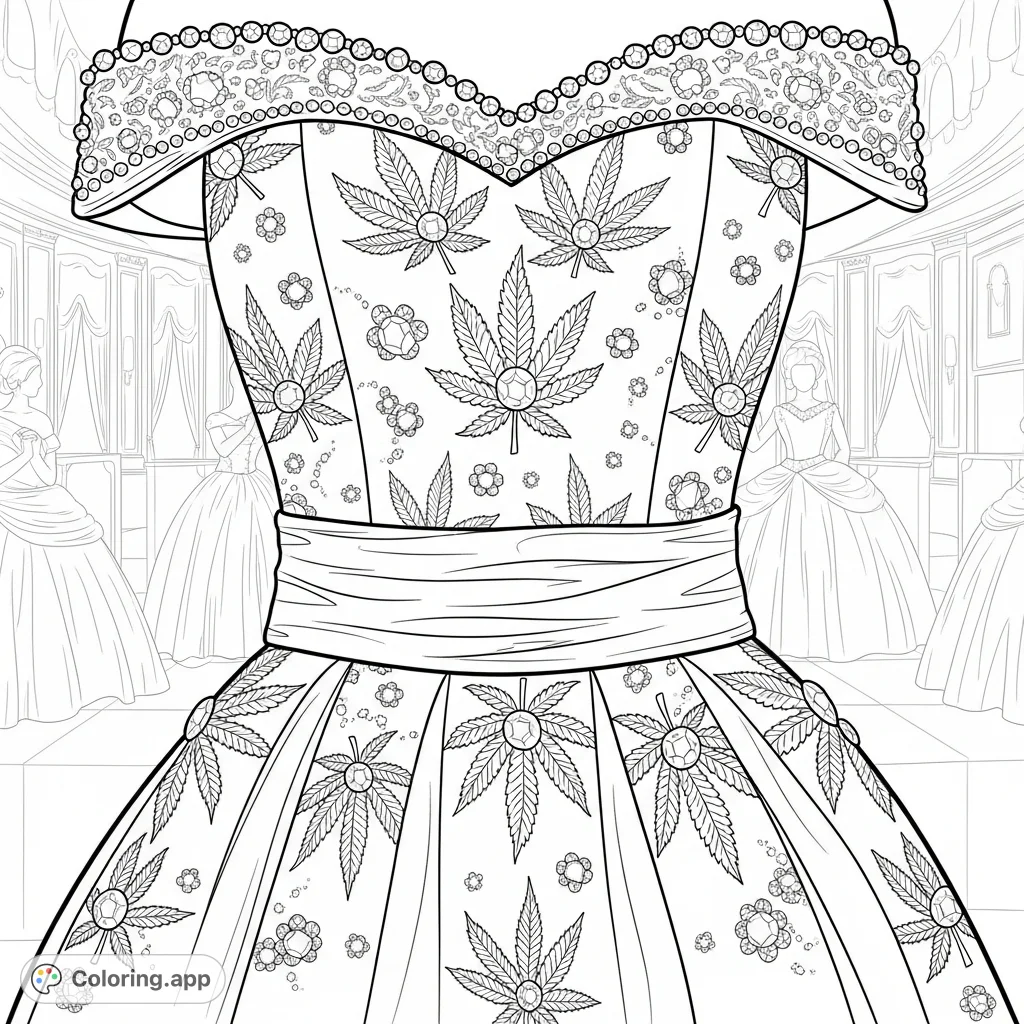An exquisite formal gown featuring an intricately embroidered velvet-like bodice with cannabis leaf patterns, shimmering crystals on pleats, and an elegant sash.