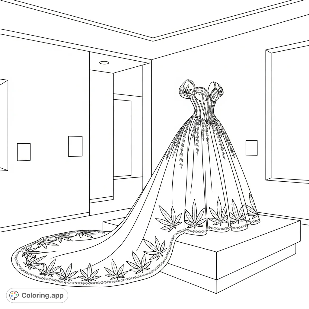 An opulent formal gown displayed on a pedestal, featuring delicate cannabis leaf embroidery, glittering beads, and botanical motifs. A sophisticated design.