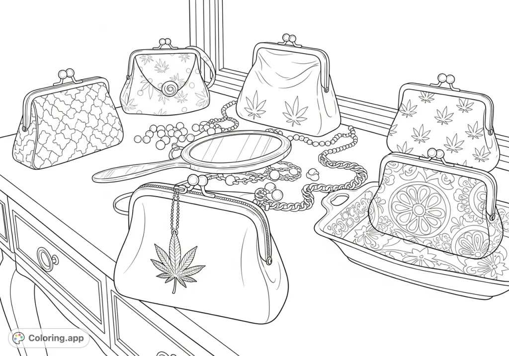 Explore an opulent dressing table with five distinct purses, including unique marijuana leaf and cannabis flower charms, intricate patterns, draped pearls, and a hand mirror.