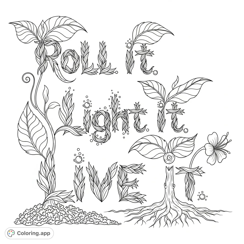 An intricate botanical typography coloring page featuring "Roll it. Light it.