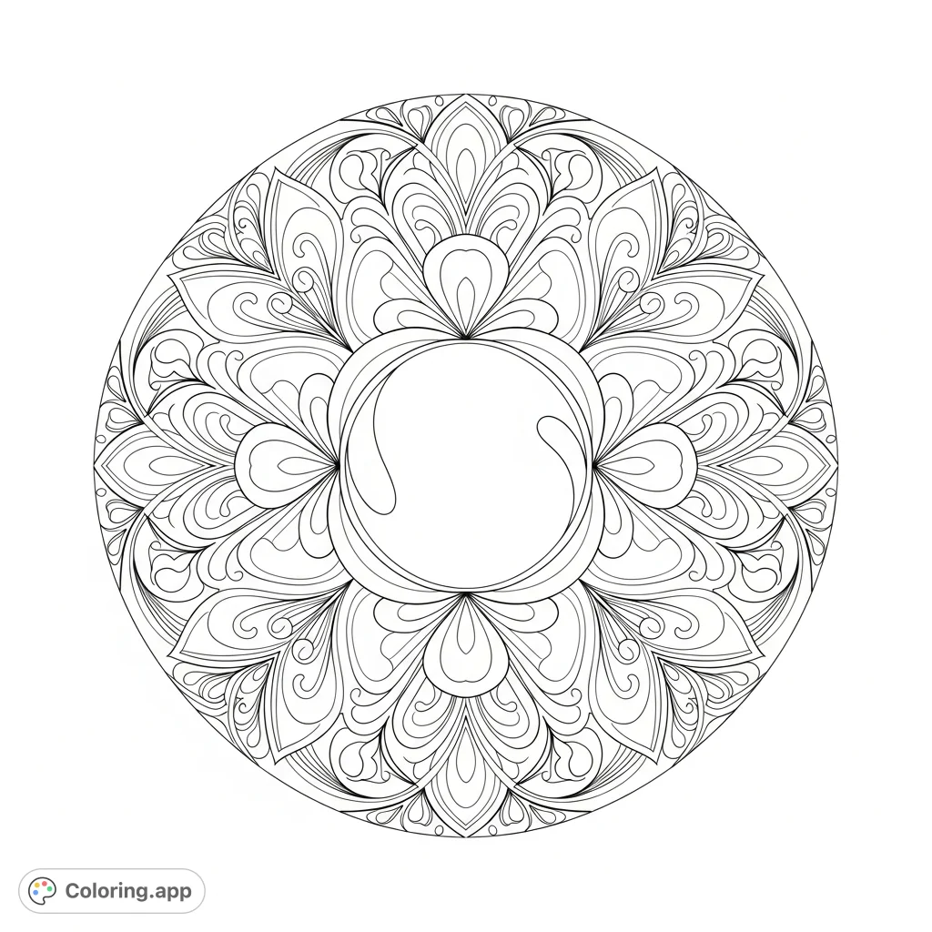 Discover a unique circular coloring page featuring a central organic form surrounded by intricate radiating patterns, abstract florals, and delicate tendrils.