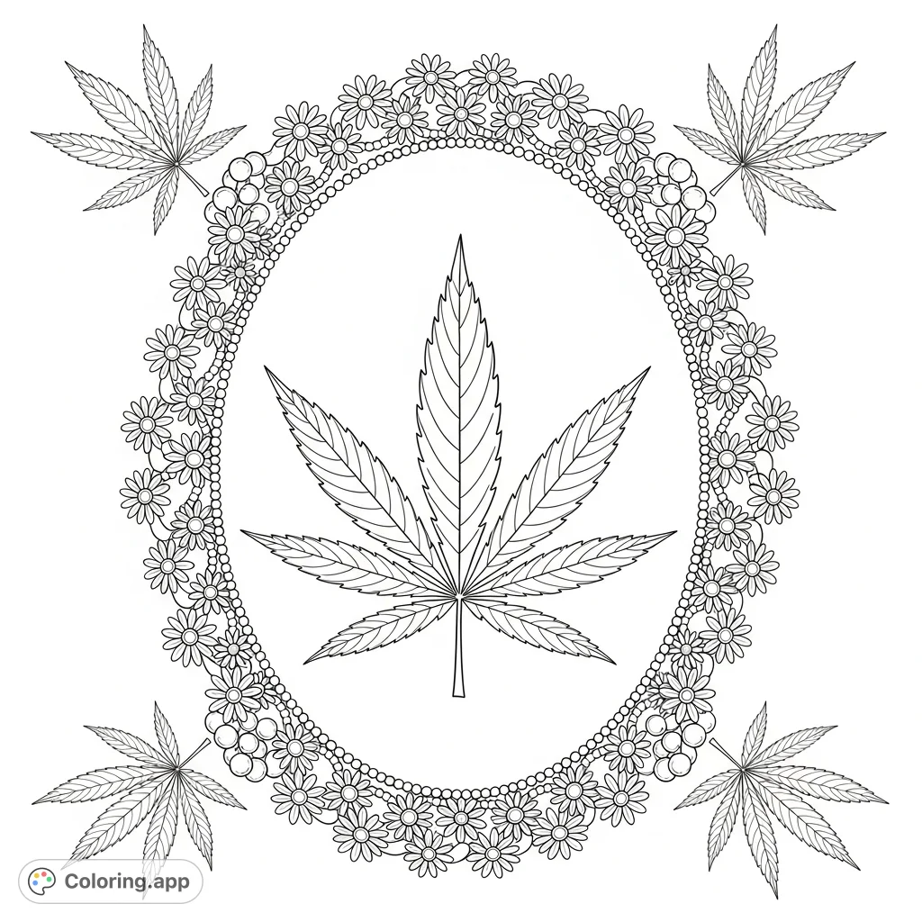 A detailed cannabis leaf nestled within an ornate oval frame, surrounded by tiny daisies and pearls. Four additional leaves adorn the corners.