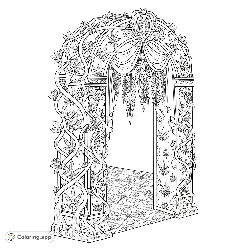 An elaborate archway with intricate botanical and ornamental motifs, featuring stylized cannabis leaves, feminine scrollwork, and flowing drapery. Perfect for adult colorists.