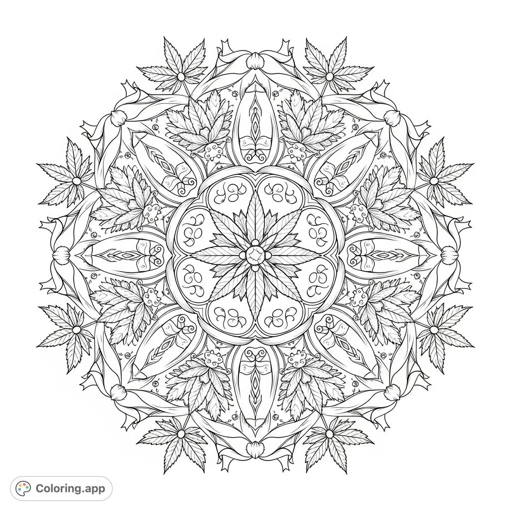 Explore an ornate, symmetrical mandala featuring stylized cannabis leaves, delicate floral motifs, ribbons, and a central cannabis flower with sparkling gems.