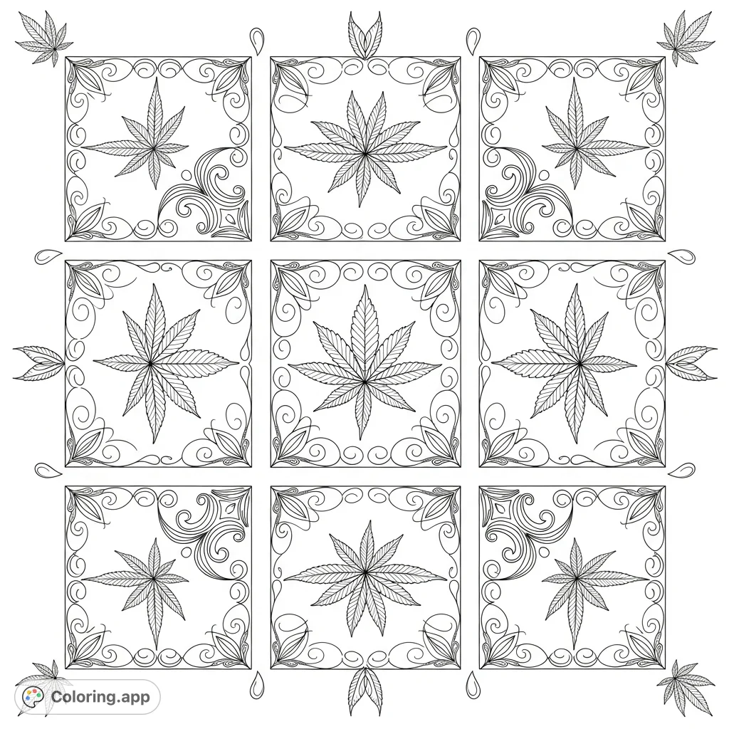 Explore intricate stylized cannabis leaves interwoven with delicate filigree and ribbons in a symmetrical nine-panel grid. A detailed botanical and ornamental coloring page.