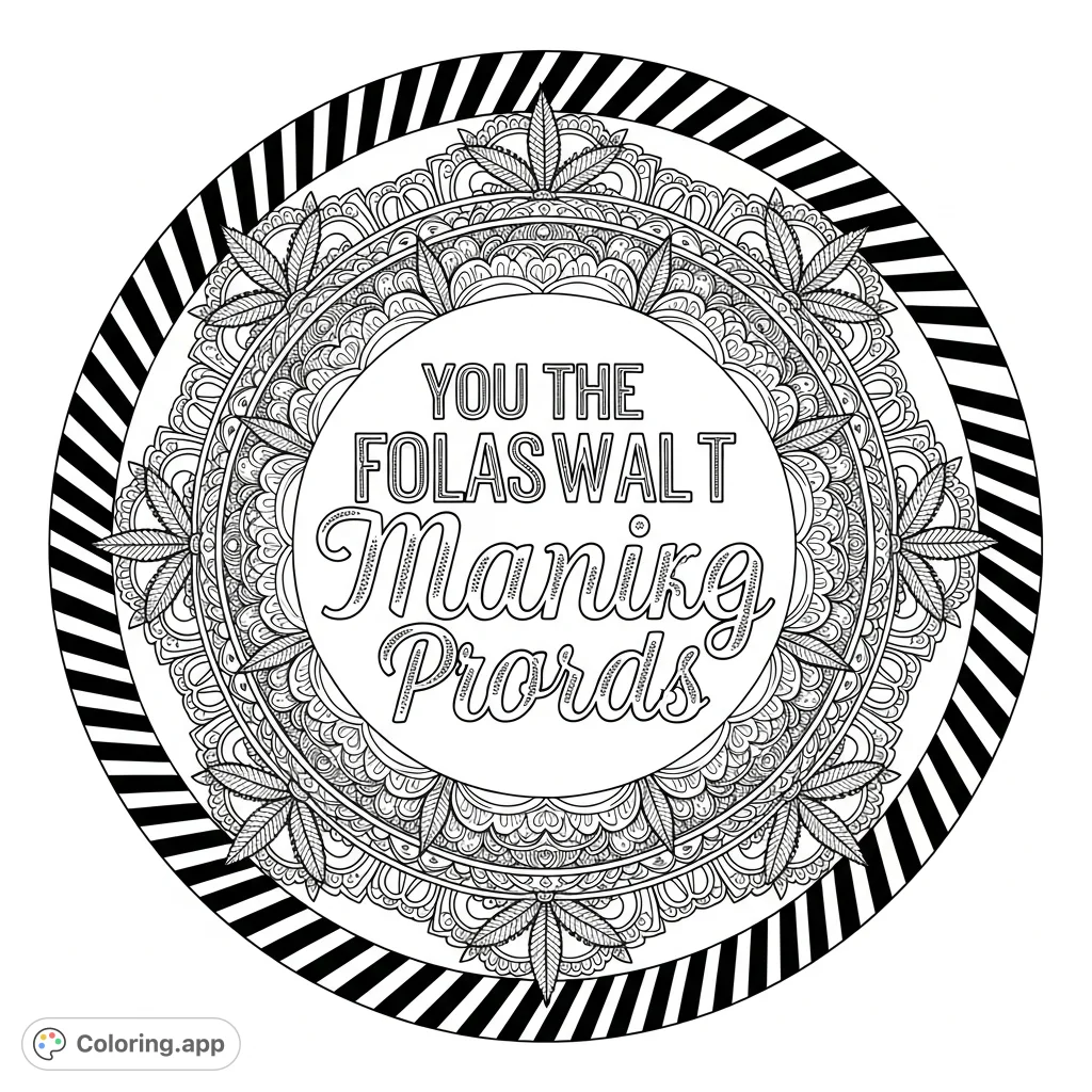 An intricate mandala coloring page featuring an ornate central quote, stylized cannabis leaf motifs, delicate lace patterns, and striking diagonal stripes. A detailed design for mindful coloring.