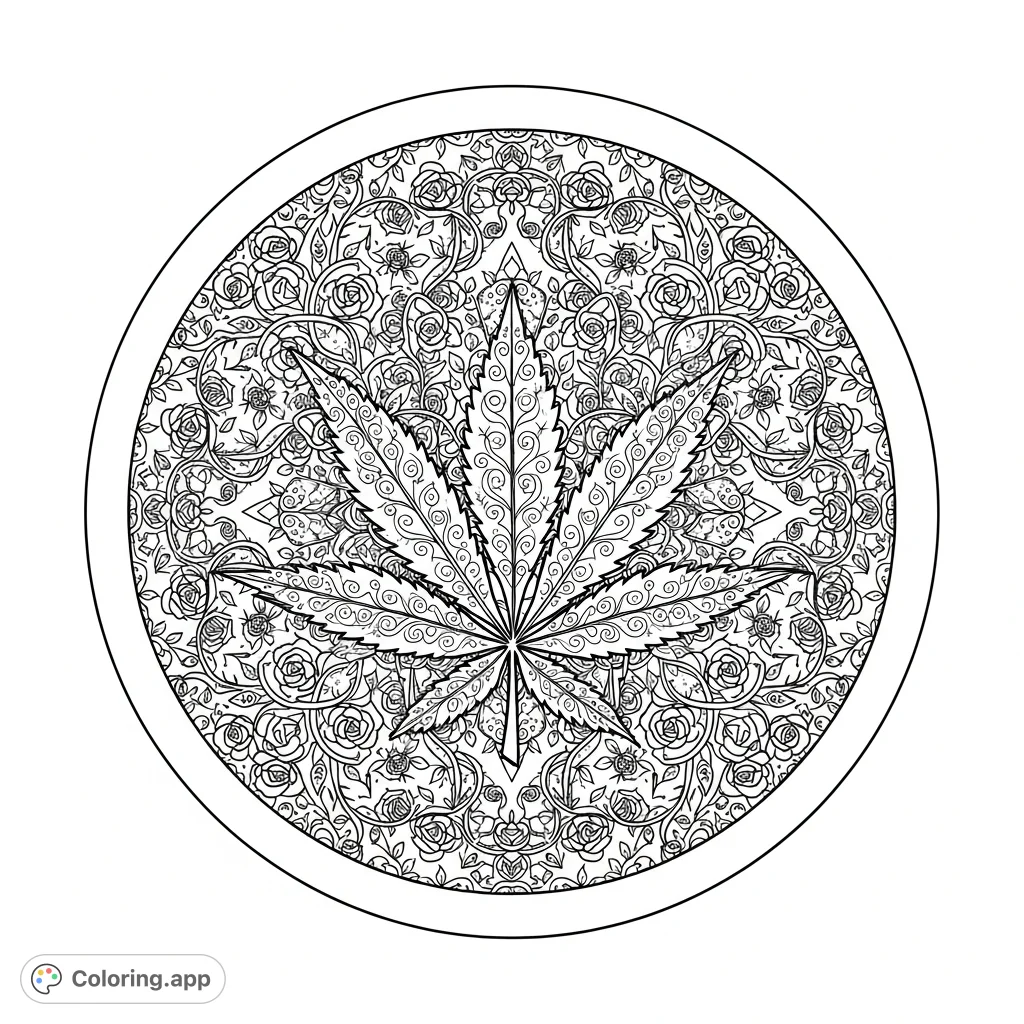 An intricate cannabis leaf coloring page featuring a stylized medallion with a wide border, filled with dense rose vines, hearts, swirls, and starburst patterns.