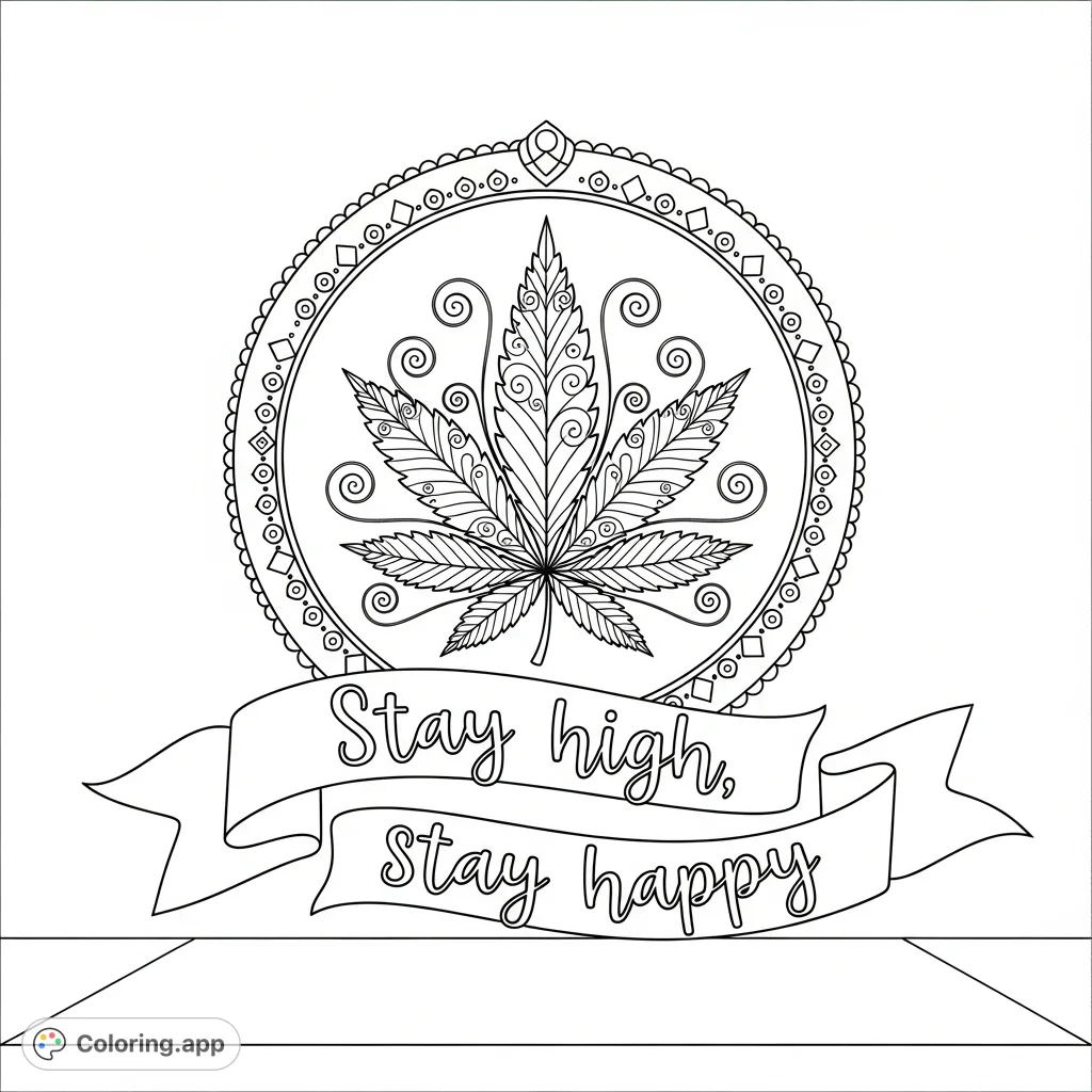 An intricately detailed cannabis leaf with swirling patterns, framed by an ornate border and a 'Stay high, stay happy' banner. Perfect for adult colorists.