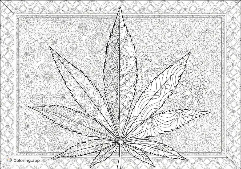 An abstract tapestry featuring a prominent cannabis leaf filled with intricate feminine patterns like floral filigree and beadwork, set against a geometric backdrop.