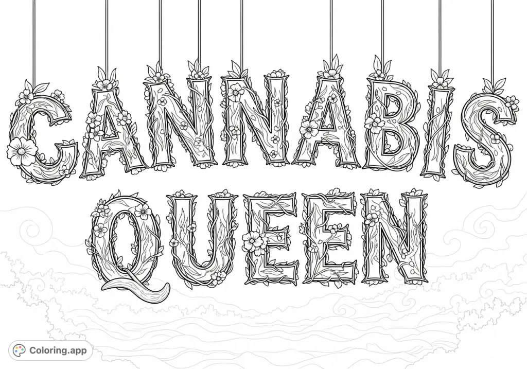 An enchanting "CANNABIS QUEEN" coloring page featuring ornate, vine-detailed letters, set against a backdrop of swirling mists and silhouetted foliage for a dreamy, ethereal scene.