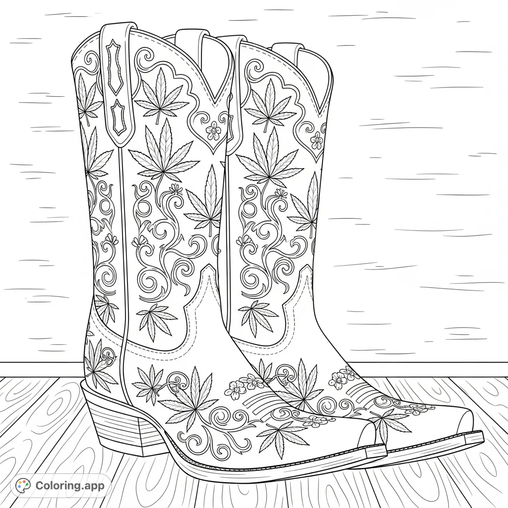 Intricate cowboy boots adorned with stylized cannabis leaves, floral patterns, and detailed stitching, standing on a wooden floor against a textured wall.