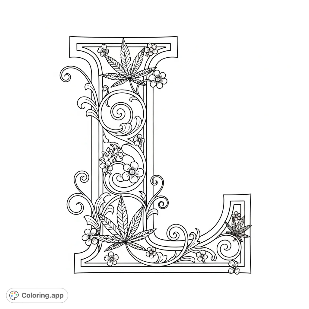 An ornate capital L coloring page featuring intricate scrollwork and a repeating pattern of elegant cannabis leaves and stylized flowers. A sophisticated design.