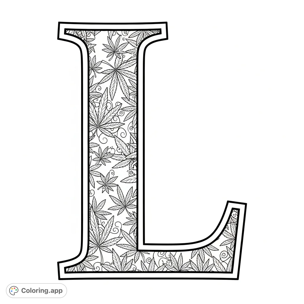 An elegant capital letter 'L' filled with intricate, stylized marijuana leaves, featuring delicate swirling lines and subtle floral accents for a unique, artful design.