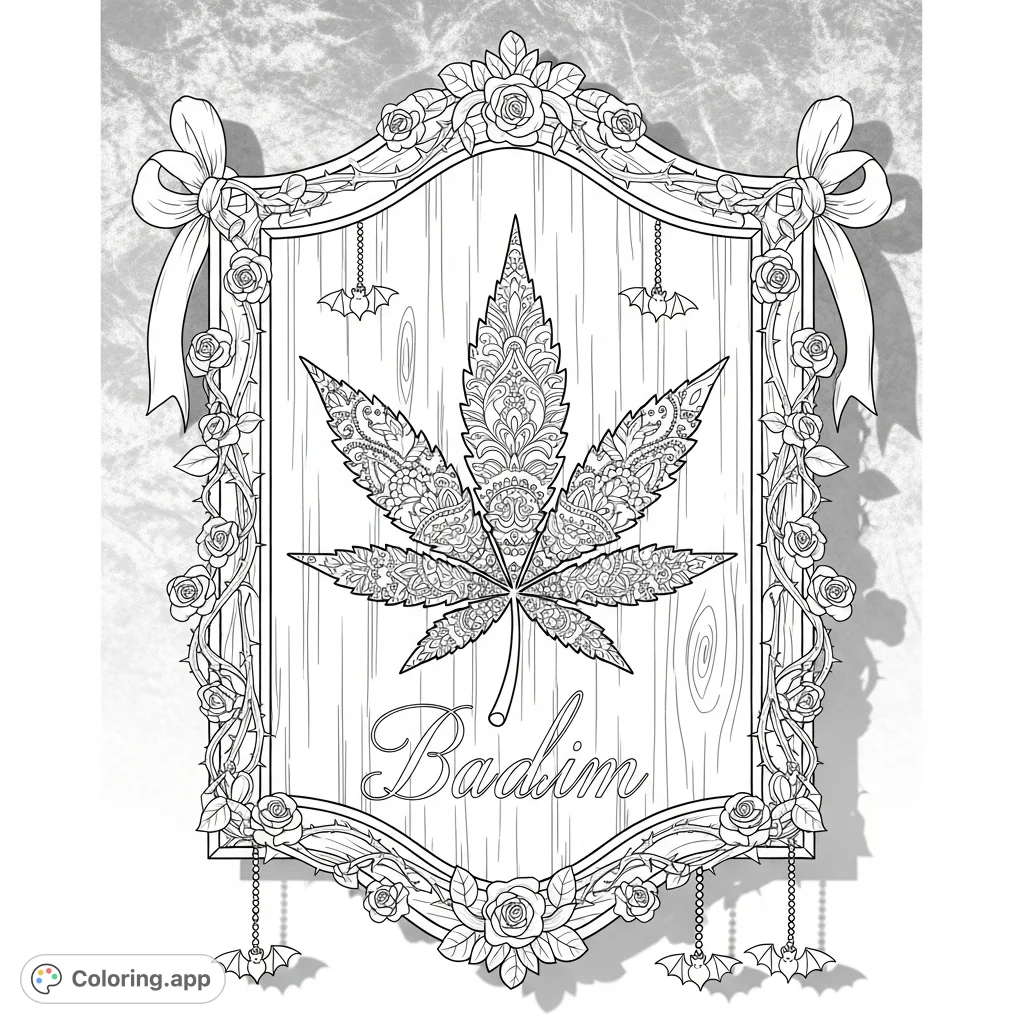 An intricate wall plaque featuring a stylized marijuana leaf with lace patterns, framed by thorny rose vines, bat charms, and distressed wood texture.