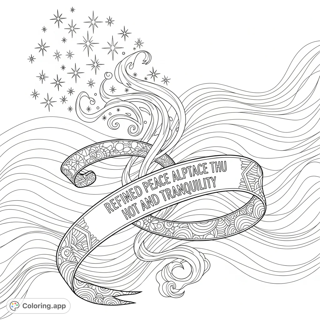An elegant coloring page featuring an ornate banner with a profound quote, rising smoke transforming into starbursts, and flowing abstract waves.