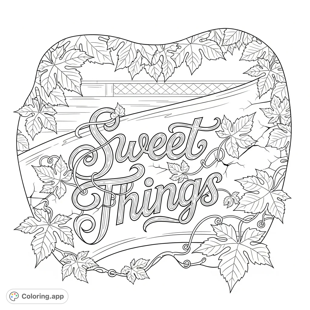 An intricate "Sweet Things" script, framed by lush foliage and entwined with vines, stands on a polished surface against a distant diamond lattice wall.