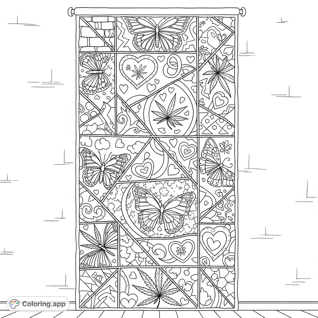 An elaborate patchwork banner featuring interwoven cannabis leaf patterns, whimsical butterflies, hearts, and swirling ribbons. A unique blend of motifs for creative coloring.
