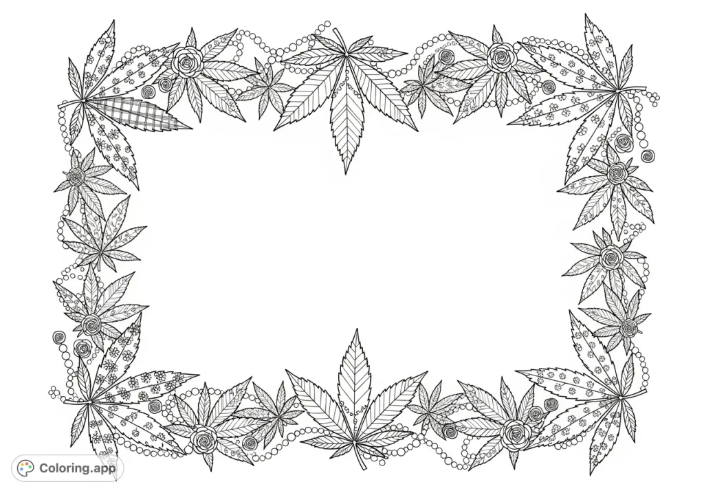 An intricate border of interlinked cannabis leaves, adorned with delicate feminine patterns, pearl strings, and miniature rosettes, framing an empty central space.